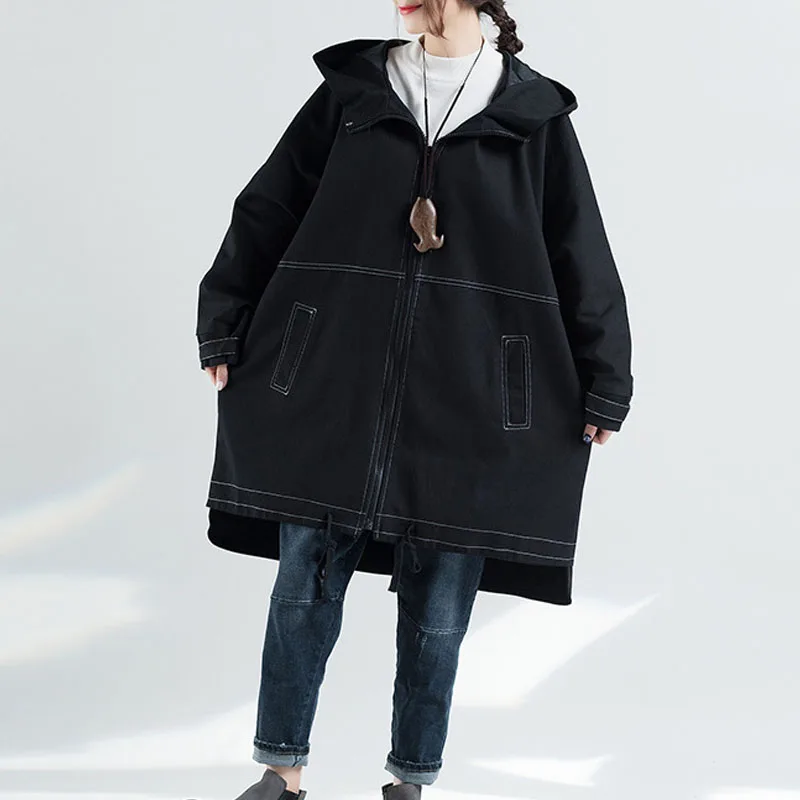 Новинка, корейское Свободное пальто размера плюс с карманами на молнии для отдыха, ветровка с капюшоном на осень и зиму, простое удобное Женское пальто