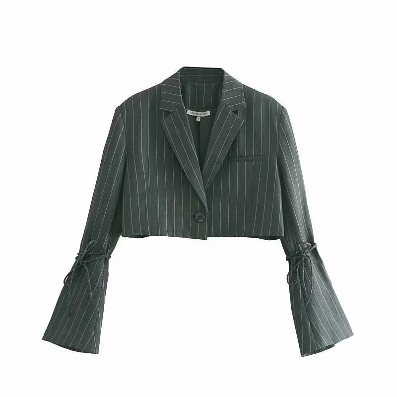 

Europe And America WOMEN'S Dress French INS Non-mainstream Design Retro Stripes Bandage Cloth Bell Sleeve Suit Collar Short Coat