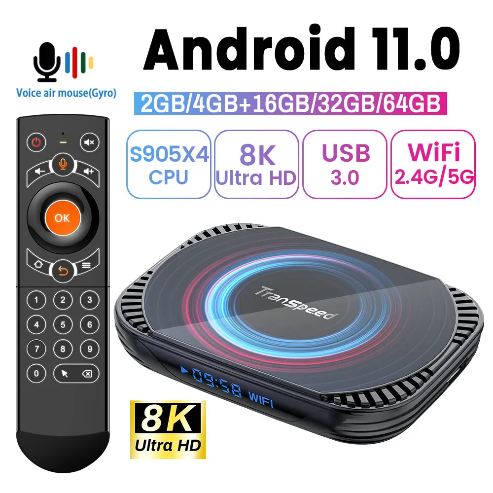 Transpeed Android 11 TV Box Amlogic S905X4 Voice Assistant Dual wifi ARM Mali-G31 MP2 BT4.0 8K 4K 3D | Электроника