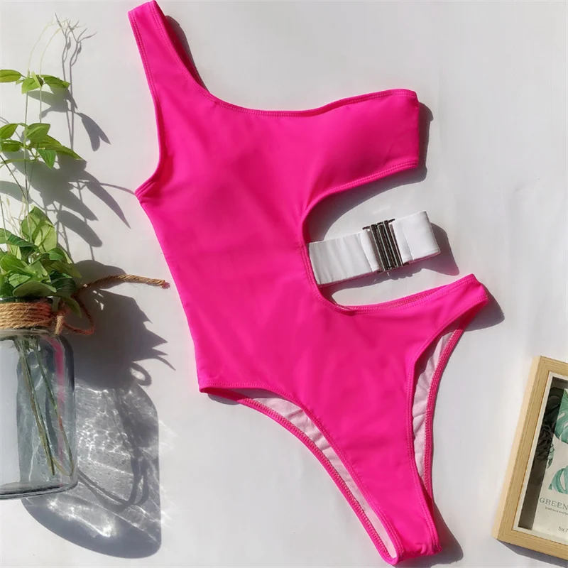 Rose Red JCSWIM, сдельный Бразильский бикини, Mujer,, сексуальный, с вырезом, купальник для женщин, пуш-ап, на одно плечо, купальник, Одноцветный, купальный костюм, новинка - Цвет: Rose Red