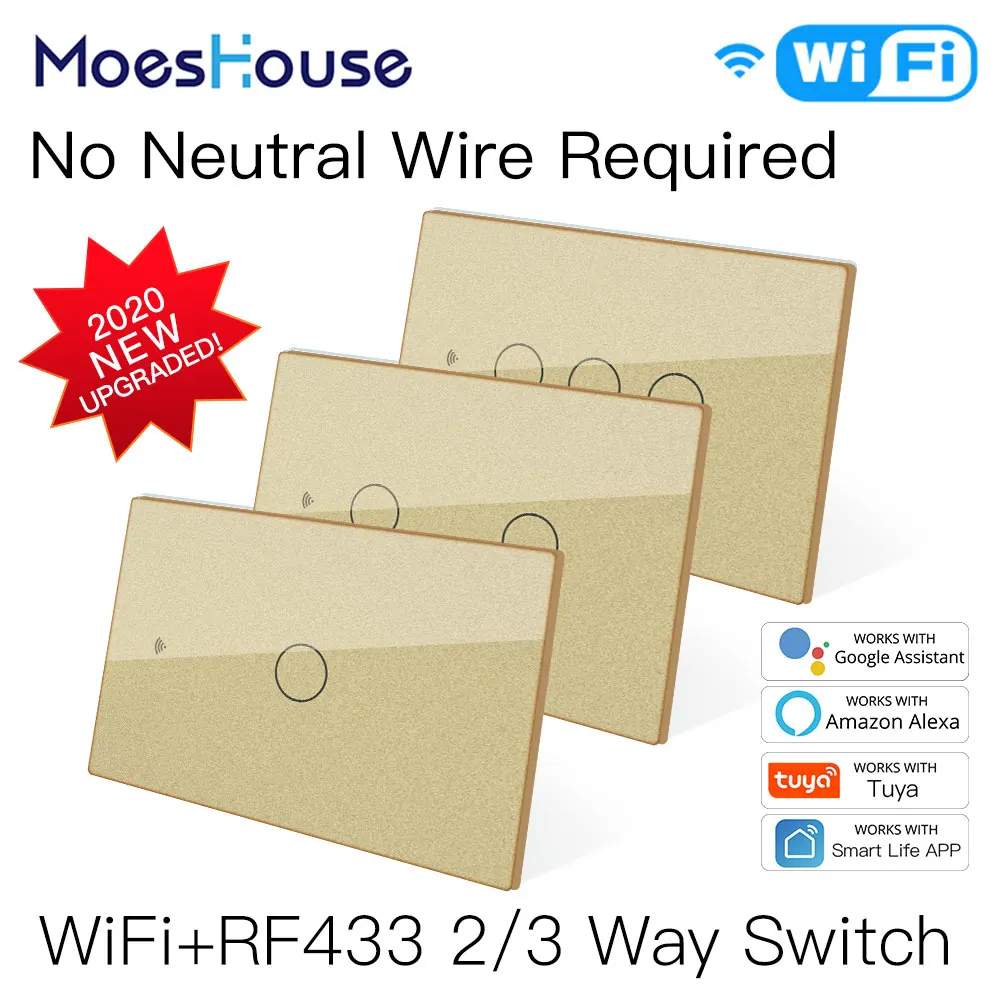 

NEW WiFi Smart Light Switch RF433 No Neutral Wire Single Fire Smart Life Tuya App Control Works with Alexa Google Home 110V 220V