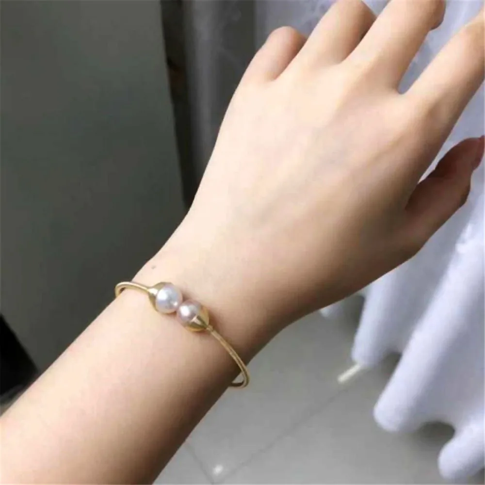 

YKNRBPH S925 Sterling Silver Women's Opening Pearl Bracelet Yellow Gold Exquisite Engagement Bangle