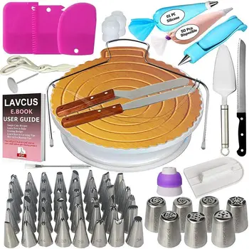 

Turntable Cake Topper 124 Pastry Kit Include Turning Cakes, Pockets and Sockets, Cake Cutter, Pastry Syringe Brush Icing Spatula