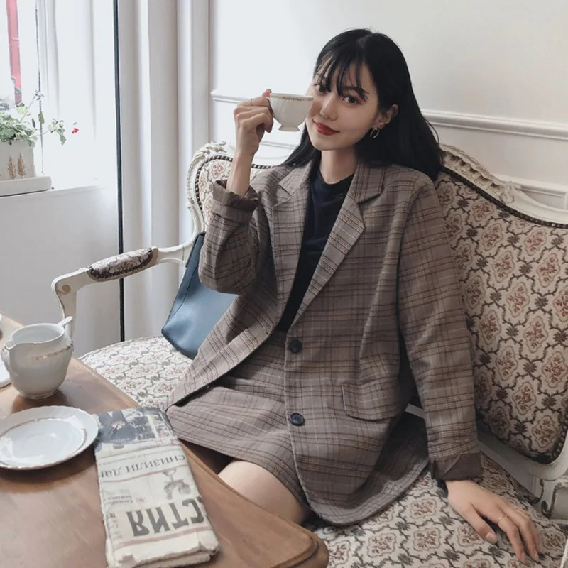 S-XL размера плюс, Женский комплект из 2 предметов, одежда в Корейском стиле, Длинный блейзер в клетку, пальто+ короткая облегающая юбка, костюм, женский осенний блейзер