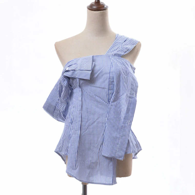 

HIGH QUALITY Newest 2019 Designer Blouse Top Women's One Shoulder Striped Asymmetrical Ruffle Blouse Shirt