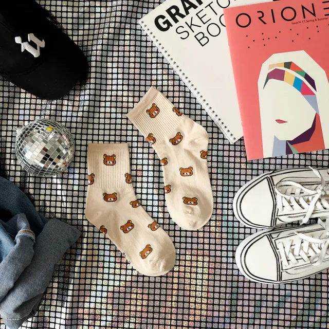 1 Pair of Cute cartoon women's pure Cotton socks cute and Fashionable bear socks five Colors of pure Cotton Female socks 04