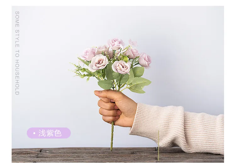 Nordic 10 Simulation Small Roses Artificial Bouquet Indoor Hotel Decoration Placed High Quality Plastic Silk Flower QW42 (1)
