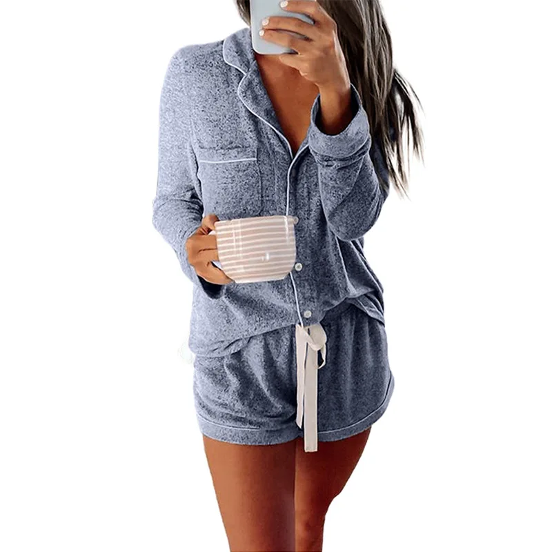

Winter Women Pajamas Set Long Sleeve V Neck Sleeping Travel Adult Home Soft Drawstring Closure Button Down Loungewear Sleepwear