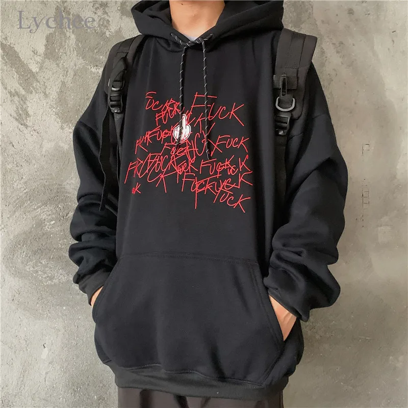 Lychee Harajuku Pocket Casual Female Hoodies Pullovers Graffiti Letter Women Hooded Sweatshirt Top Loose Autumn Lady Sweatshirts