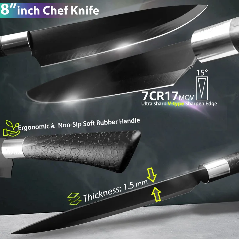 Кухонный нож 3,5 ''5'' 7 ''8'' шеф-повара 7CR17 440C с антипригарным покрытием из черной нержавеющей стали, нож для резки хлеба, нож сантоку, набор из 6 предметов