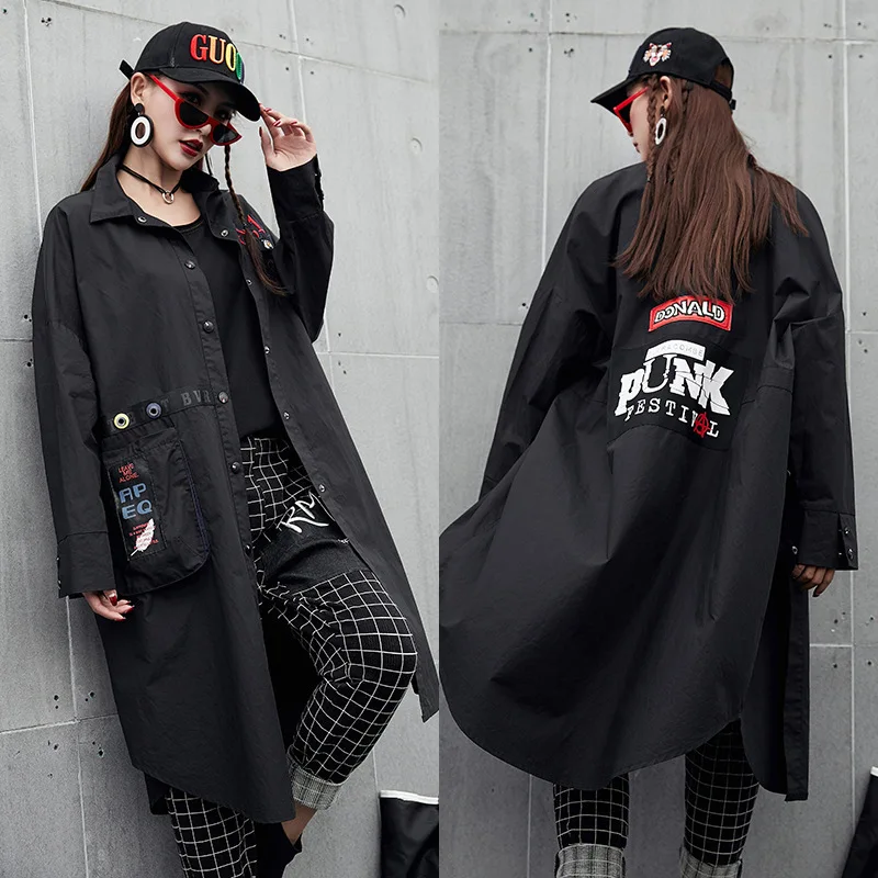 

#2280 Fashion Irregular Loose Cotton Trench Coats Women Spring Autumn Plus Size Black Streetwear Overcoats Girls Letter Printed