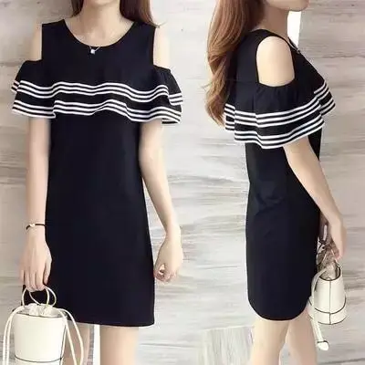 

Summer WOMEN'S Dress Flounced Stripes A- line Skirt Knit Loose-Fit Sexy off-Shoulder Large Size Dress Women's