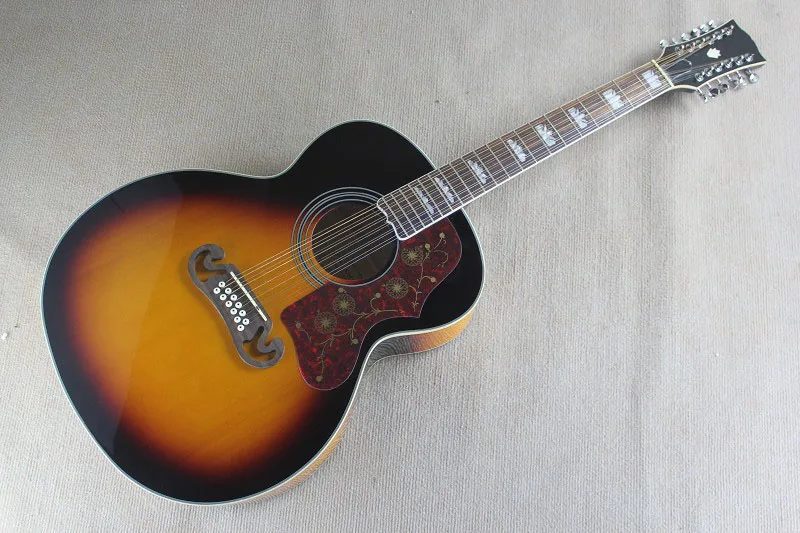 Высококачественная однотонная ель Топ 12 струн J200 sunburst цветная Акустическая