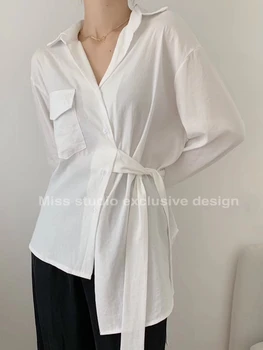 

2020 Spring and Summer Office Lady Women Blouse Bandage Cloth Shirt Loose-Fit Long-sleeve Blouse Chiffon V-Neck Blouse