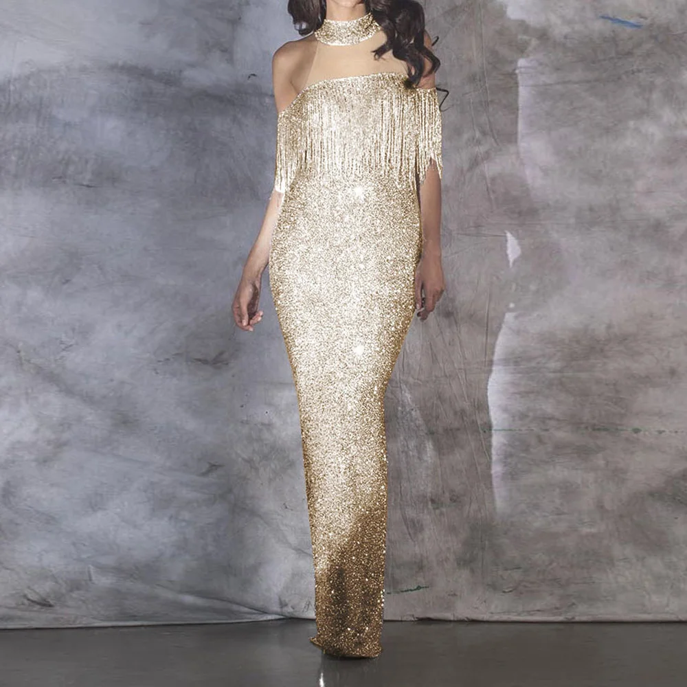Wipalo вечернее платье с открытыми плечами с серебристыми и золотыми блестками, сексуальное платье с воротником-стойкой, облегающее длинное платье макси