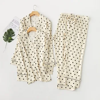 

Spring Autumn Viscose Women And Men Pajama Sets Black Dot Print Light Yellow Long Sleeve Couples Sleepwear Comfortable Suits