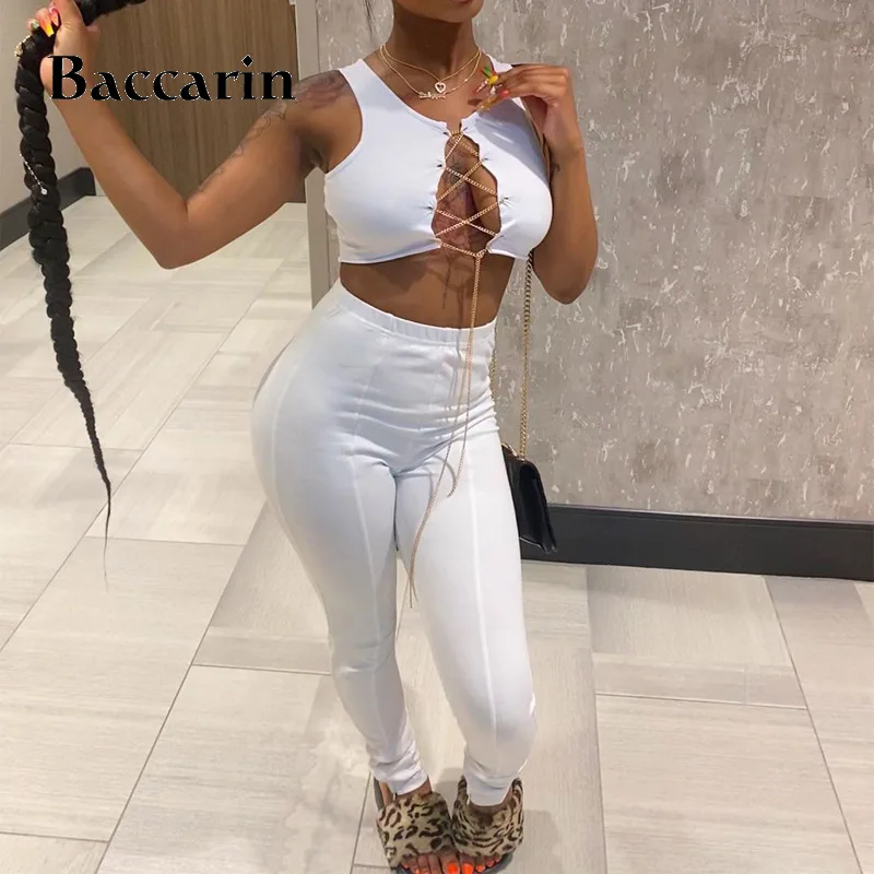 

Baccarin lace up hollow out women two piece set crop top tanks leggings high waist bodycon sexy streetwear matching tracksuit