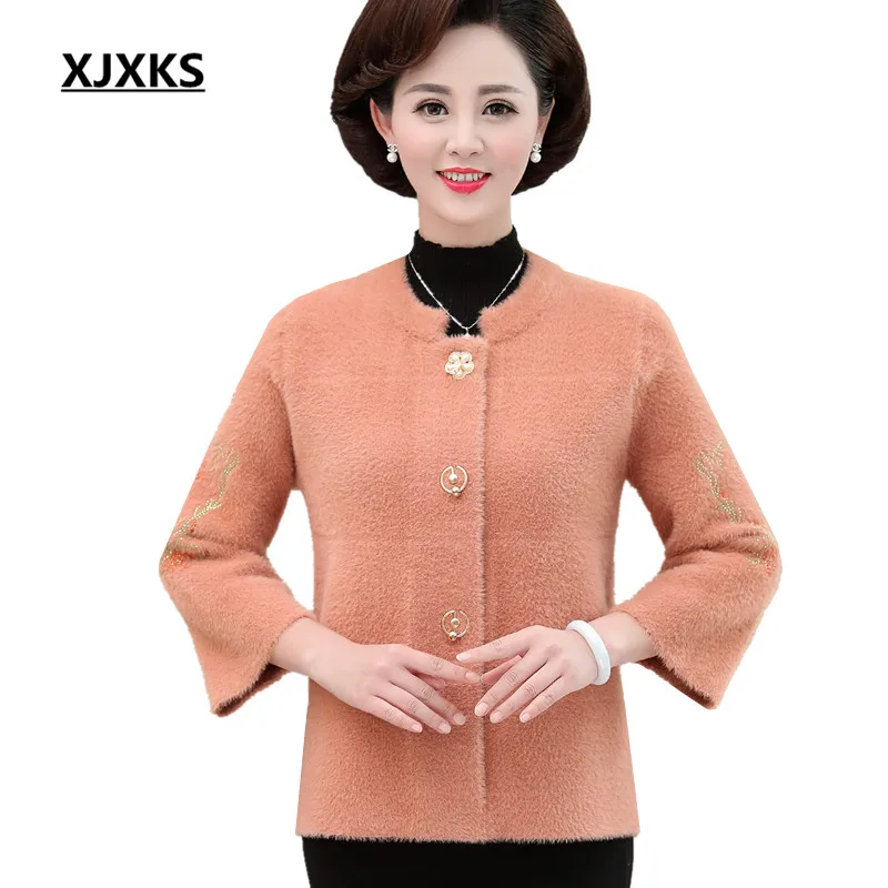 

XJXKS 2019 winter new women woolen coat loose plus size exquisite diamond high quality mink cashmere warm women coat
