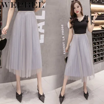

WEPBEL Skirts Summer Fashion High Waist Pleated Mid-Calf Skirts Women's Casual Bright Silk Mesh Skirts