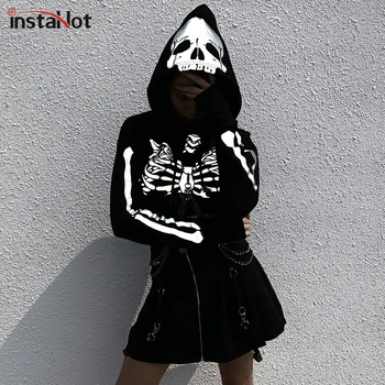 

InstaHot Gothic Punk Hooded Hoodies Women Black Skeleton Print Mask Long Sleeve Crop Top Reflective Flash Halloween Sweatshirt