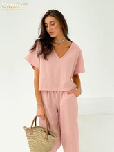

Clacive Summer Short Sleeve T-Shirts Set Woman 2 Pieces Casual Loose High Wasit Pants Set Lady Elegant 100% Cotton Trouser Suits