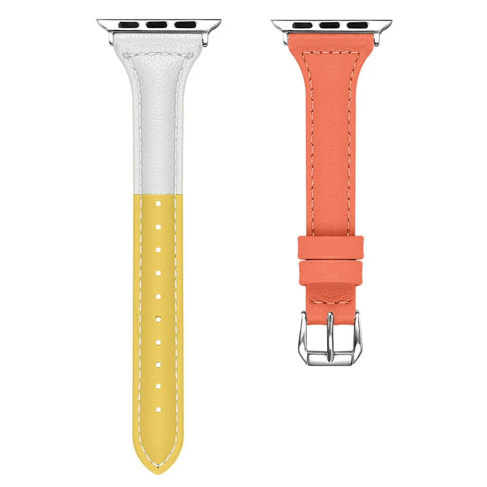 yellow orange Apple Watch кожаный Т-образный трехцветный ремешок 42 мм 38 мм 44 мм 40 мм iWatch сменный ремешок 5 4 3 2 1 браслет - Цвет ремешка: yellow orange