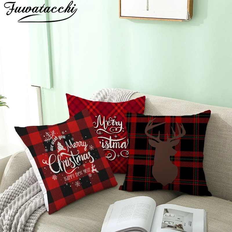 Чехол для подушки Fuwatacchi Merry Christmas Gift красный черный плед декоративные наволочки