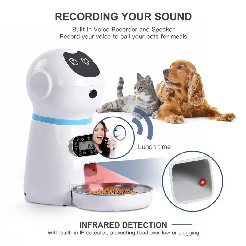 

3.5L Automatic Pet Voice Record Feeder With Pets food Bowl For Medium Small Dog Cat LCD Screen Smart Dispensers 4 times One Day