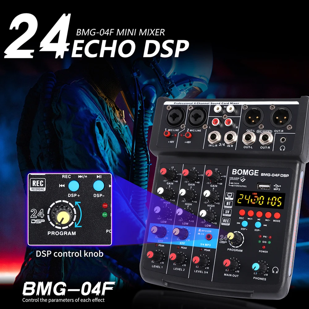 4ch Sound Mixer DJ Mixing Console With 24 Echo DSP Bluetooth 48V Phantom Power Monitor Karaoke System 5V USB Mixer Audio, audio mixer