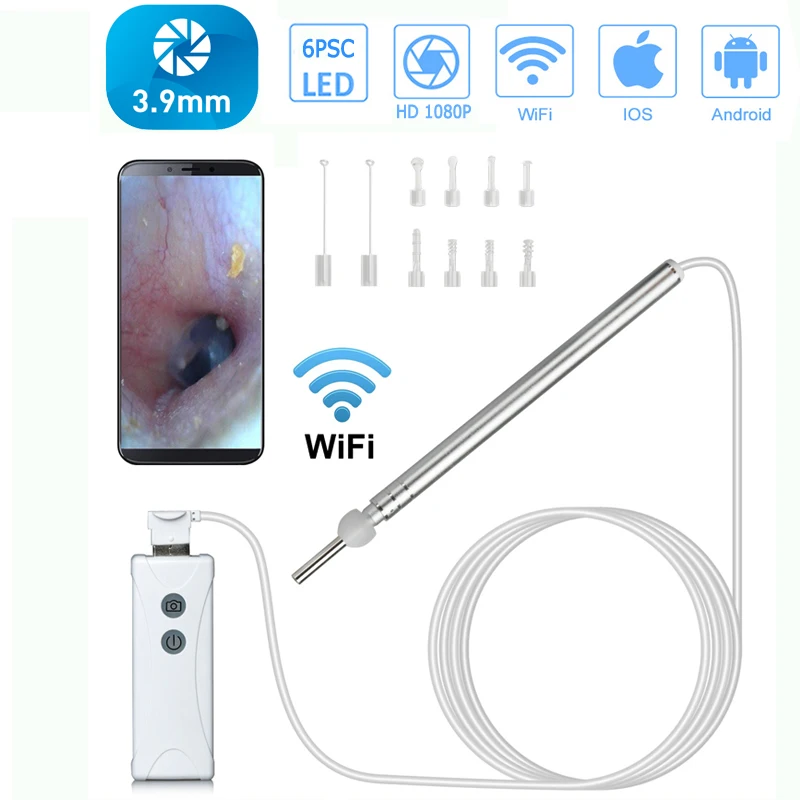 

Wifi Ear Cleaning Endoscope Camera 3.9mm Wireless Otoscope 2MP Borescope Inspection Camera Visual EarPick Tool for Android ios