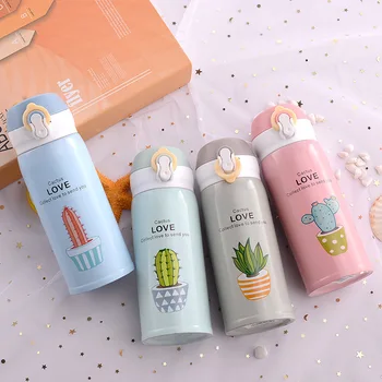 

350ml Cute Cactus Straw Stainless Steel Vacuum Flasks Cans Thermos Mug Thermal Water Bottle Tumbler Thermocup WJ918