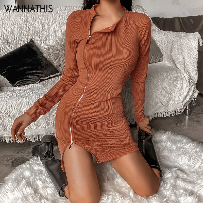 Женское облегающее платье на молнии WannaThis однотонное с длинным рукавом и