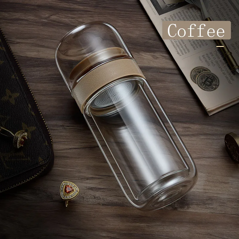 Curge 310ML Glass Bottle Tea Infuser Stainless Steel Glass Tea Infuser Bottle Portable Leak Proof Thermos Bottle Tea with Filter - Цвет: Coffee