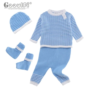 

Gooulfi Clothing Baby Long Sleeve Cotton Knitting Stripe Newborn Baby Unisex Casual Newborn Solid 4 Pieces Sweater Baby Set