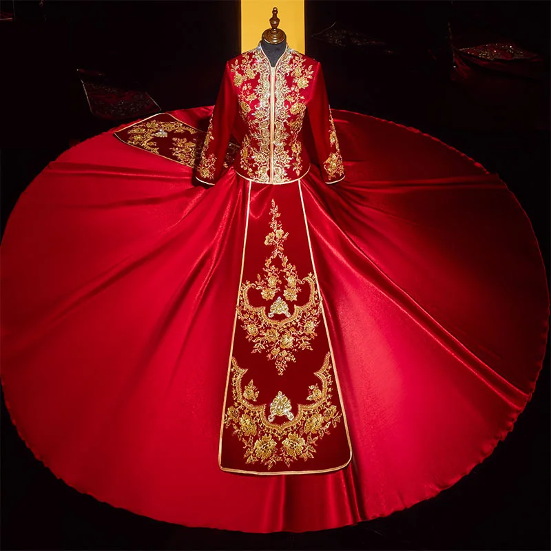 

Традиционный китайский Чонсам с цветочной вышивкой и блестками, Свадебный костюм для пары, Элегантное свадебное платье для невесты