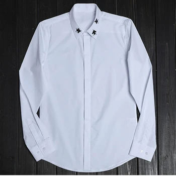 

New style Beaded cricket bee men's long sleeve fashion solid color man shirt high grade cotton business leisure nightclub blouse