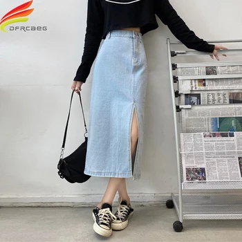 

New 2020 Autumn Long Skirt Jeans Slit Sky Blue Or Blue High Waist Women's Denim Skirt Maxi Casual Back Pockets A Line Skirts
