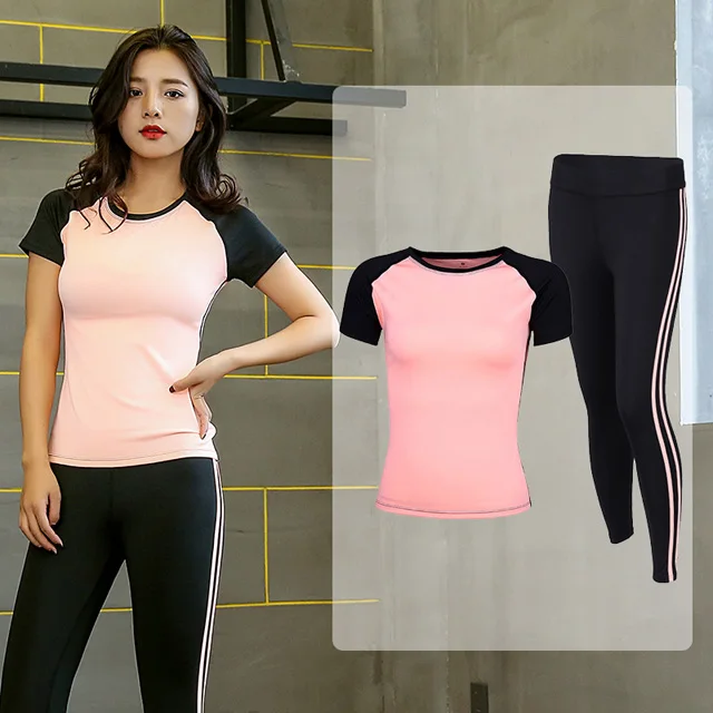 Pink 2Pcs set Для женщин Набор для йоги комплекты тренажерный зал Фитнес одежда спортивная футболка для бега длинные штаны, облегающие, для пробежки тренировки Леггинсы для йоги спортивные костюм - Цвет: Pink 2Pcs set