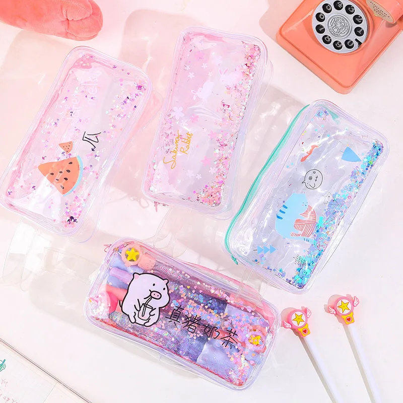 

Cute Cartoon Pencil Case Large-Volume Quicksand Oil Cosmetics Storage Bag GIRL'S Heart Cosmetic Bag Manufacturers Direct Selling