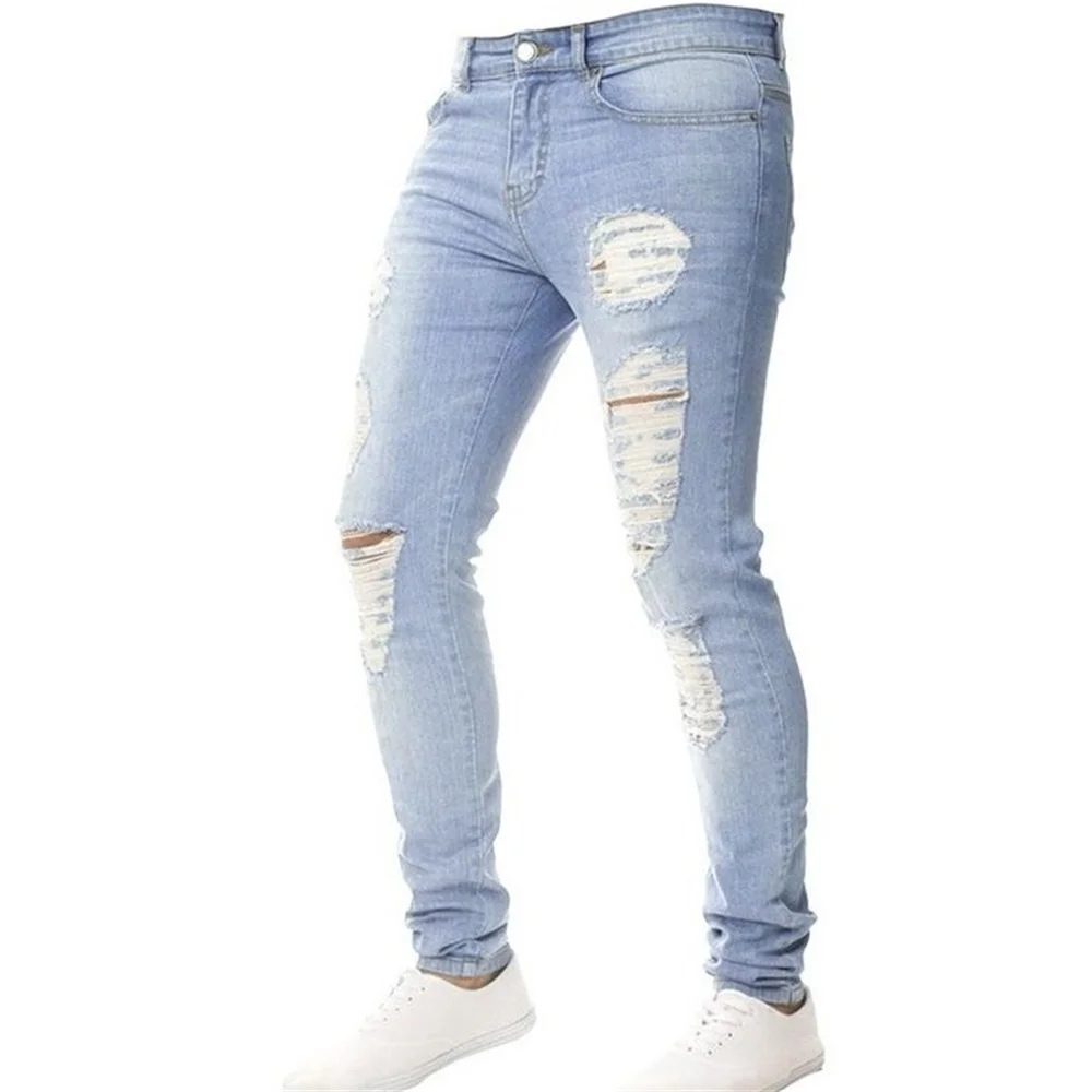 EH · MD® Solid Color Large Hole Jeans Men's Cotton High-Stretch Elastic Pencil Pants Breathable Thin Comfortable Leak-out 2020