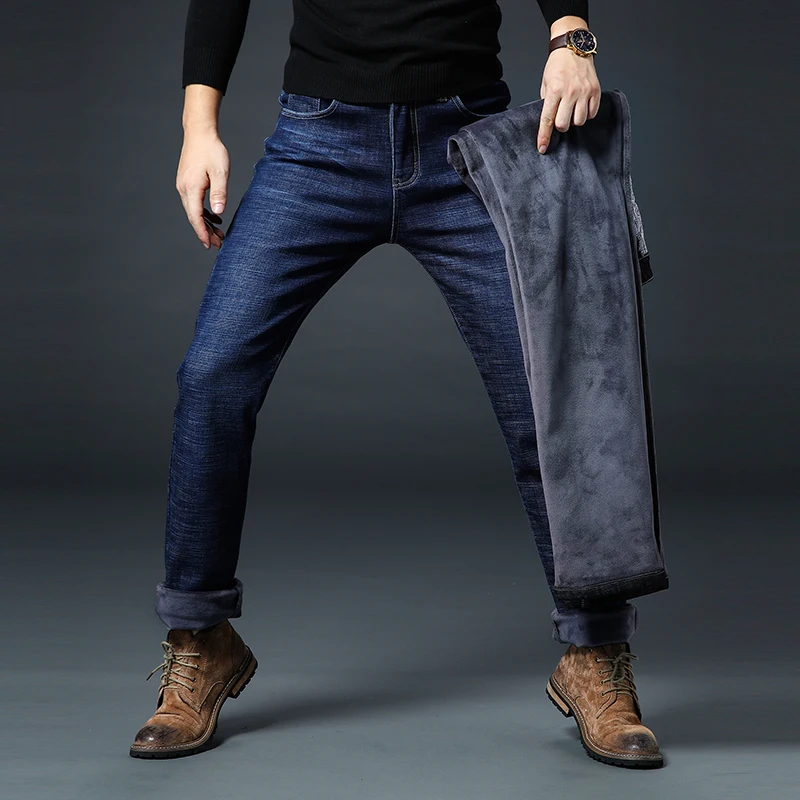 Odinokov мужские теплые джинсы из денима, эластичные мужские облегающие плотные брюки, брюки Bule, черные зимние джинсы большого размера 38, 40, 42, 44, 46