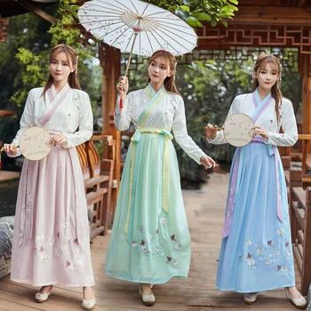

2020 Chinese Style Traditional Fairy Flower Embroidery Hanfu Dress Women Retro Tang Dynasty Stage Dance Ancient Costume Clothing