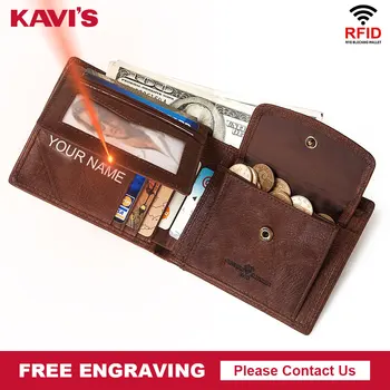 

KAVIS Rfid 100% Genuine Leather Wallet Men Coin Purse Portomonee PORTFOLIO Male Cuzdan Perse Card Holder Name Free Engraving