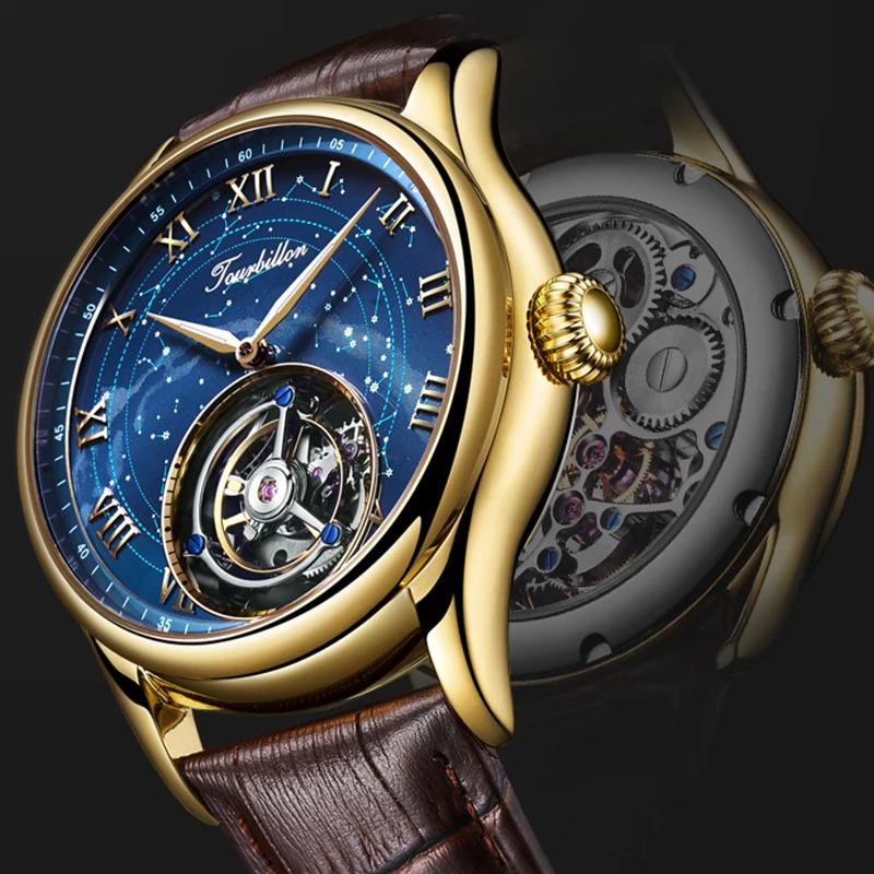 Tourbillon часы, механические сапфировые мужские часы, Топ бренд, Роскошные, звездное небо, Голубой циферблат, часы для мужчин, Relogio Masculino