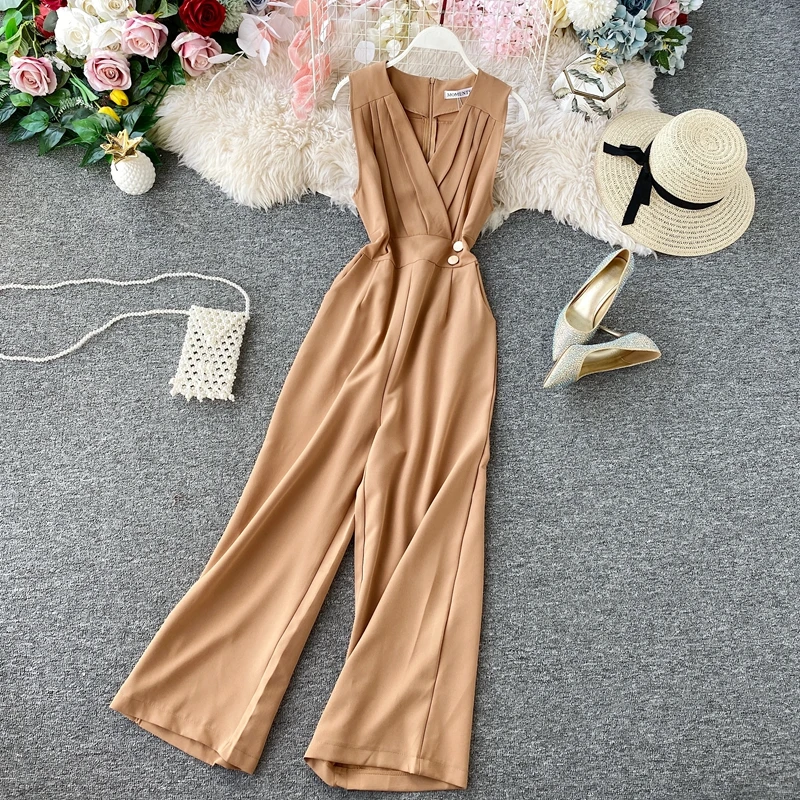 FTLZZ Sleeveless Jumpsuits V Neck Rompers Summer Office Lady Full Length Jumpsuit Casual Women Elegant Slim Playsuit Romper FTLZZ Sleeveless Jumpsuits V Neck Rompers Summer Office Lady Full Length Jumpsuit Casual Women Elegant Slim Playsuit Romper