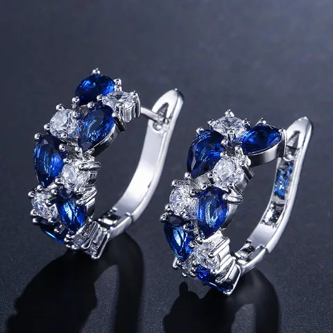 New Luxury Blue Colorful Round Pear silver color korean For Women Lady Anniversary Gift Jewelry Wholesale E5245