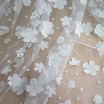 

3D Flower sheer Tulle lace Fabric Delicate Bridal Fabric, Wedding Backdrop, Baby dress , Prop, summer dress, by 1 yard