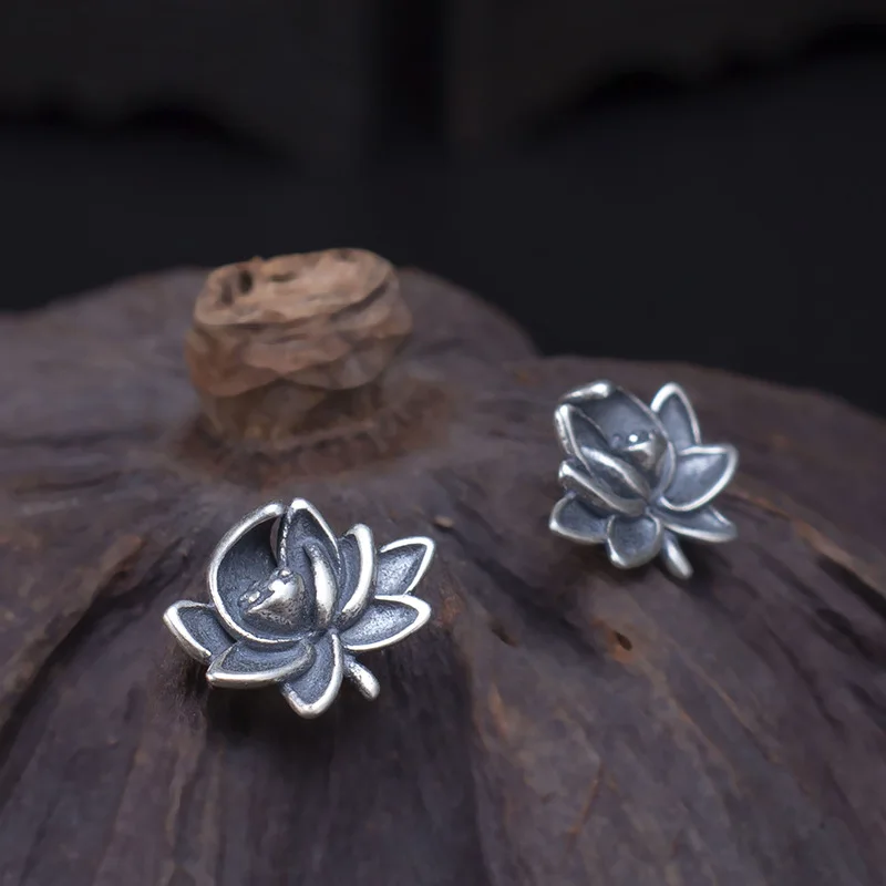 Подлинные серьги из стерлингового серебра 925 пробы для женщин цветок лотоса маленькие серьги-гвоздики черные античные серебряные антиаллергенные Винтажные Ювелирные Изделия