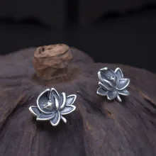 Подлинные серьги из стерлингового серебра 925 пробы для женщин цветок лотоса маленькие серьги-гвоздики черные античные серебряные антиаллергенные Винтажные Ювелирные Изделия