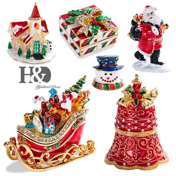 

H&D 5 styles Hand Painted Trinket Boxes Figurine Jeweled Santa Claus Bear Sled Christmas Pattern Hinged Jewelry Box Xmas Gift